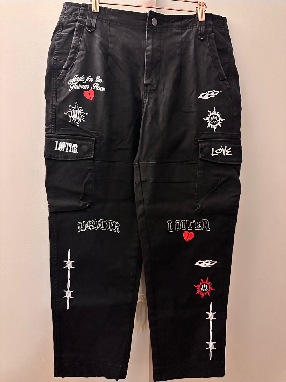 Loiter Men’s Black Graphic Cargo Pants with Patchwork Details